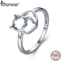 Authentic 100% 925 Sterling Silver Cute Little Cat &amp; Heart Finger Ring for Women - £15.87 GBP