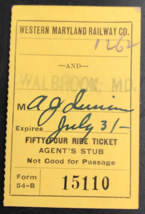 1922 Western Maryland Railway 54 Ride Ticket Agent&#39;s Stub 54-B #15110 Wa... - £9.57 GBP