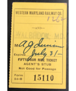 1922 Western Maryland Railway 54 Ride Ticket Agent&#39;s Stub 54-B #15110 Wa... - £9.63 GBP