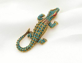 Stunning Vintage Look Gold Plated Green Crocodile Design Brooch Broach Pin B48 - £12.30 GBP