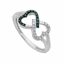 0.25 Karat Sterlingsilber Rund Weiß &amp; Blau Diamant Doppelherz Unendlichkeit Ring - £73.28 GBP