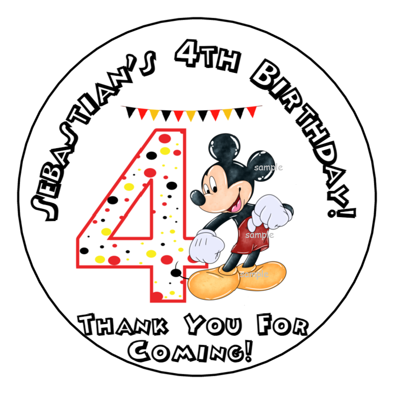 Mickey Mouse 4th Birthday Party Favor Stickers 2.5" Disney, Personalized, Tags