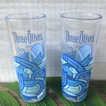 Pair Three Olives Vodka Tall Shot Glass Jiggers 4 1/8&quot; Geometric Blue Design   - £14.19 GBP