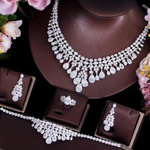 CWWZircons Super Tassel Water Drop CZ Big Wedding Bridal Necklace Earring 4 pcs  - £81.36 GBP