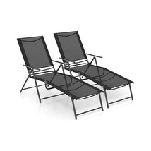 2 Piece Patio Folding Chaise Lounge Chairs Recliner with 6-Level Backrest-Black - £164.41 GBP