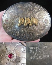 VOGT 3 HORSE belt buckle STERLING SILVER western large engraved GOLD RUBYS - $494.85