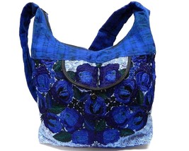 Large Floral Embroidered Lightweight Plaid Material Hobo Purse Crossbody Sling B - £23.38 GBP