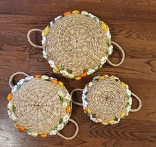 Boho Hanging Woven Round Wall Basket Decor - Set of 3 – Handmade Natural Tray - - £19.19 GBP