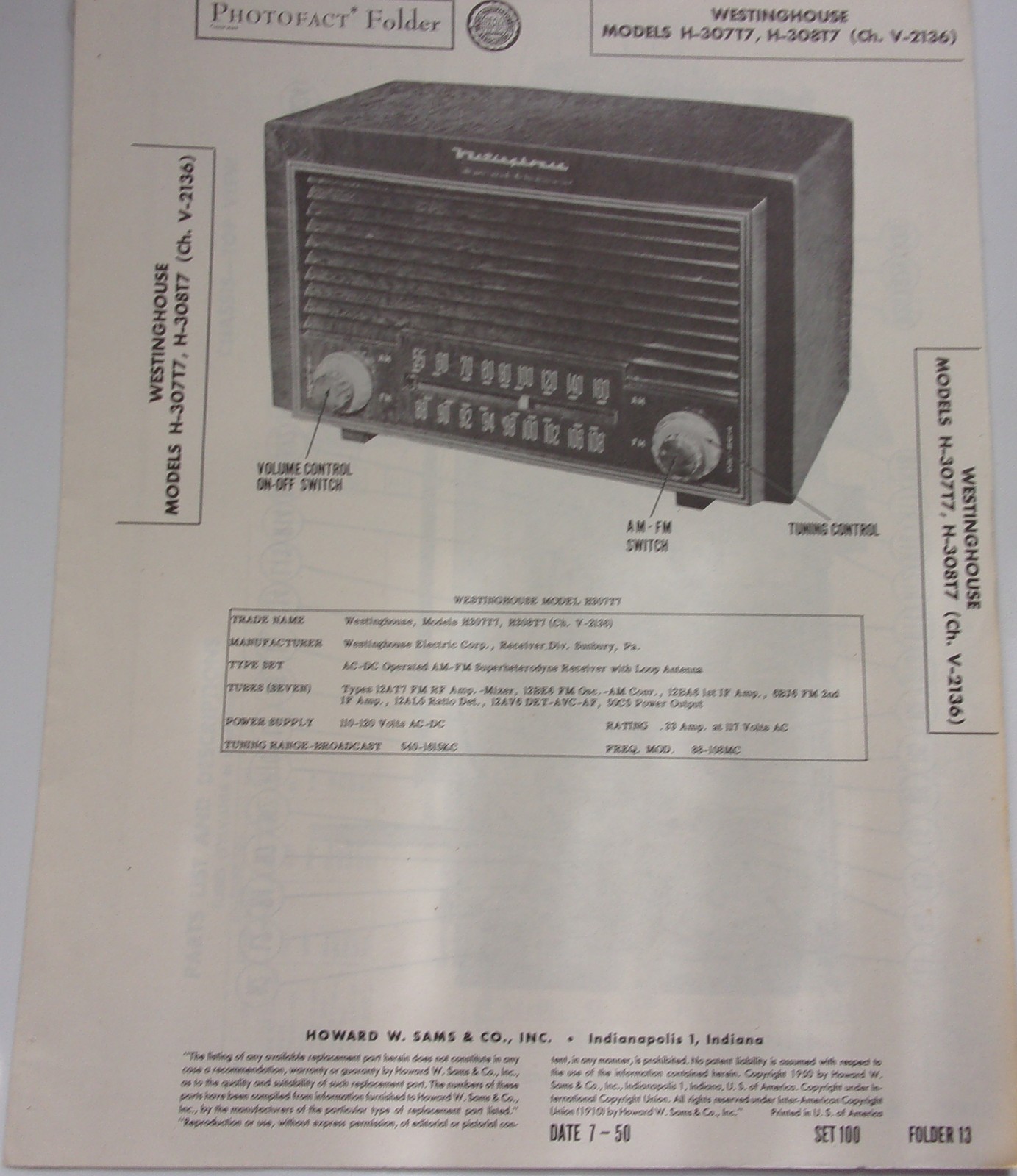 Vintage PhotoFact Westinghouse Model H-30717 H-30817 (Ch V-2136) 1950  - $4.99