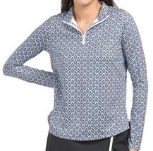 NWT BELYN KEY Navy Blue Skyline Print Long Sleeve Mock Golf Shirt XS S M L image 2