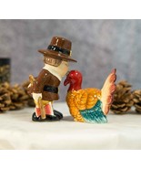 Thanksgiving Pilgrim With Axe Kissing Turkey Ceramic Salt and Pepper Sha... - £13.34 GBP