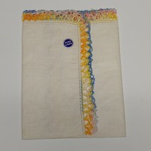 Vtg White Pure Linen Handkerchief Approx. 13x12&quot; Crochet Rainbow Edge Stain - £5.44 GBP