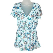 EVERLY blue floral short sleeve v neck shorts romper playsuit size medium - $14.52