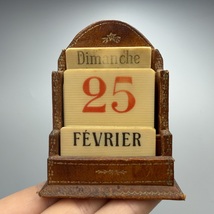 Antique Perpetual Desk Calendar Leather Wood French Europe Vintage Home ... - $240.00