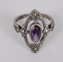 Ring .925 Sterling Silver Amethyst Marcacite Art Deco Style Cross Size 6 - £43.62 GBP