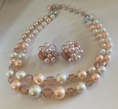 Pink Bead and Crystal Mid Century Necklace and Earrings - £11.20 GBP