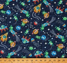 Cotton Aliens Outer Space Rockets Spaceships Blue Fabric Print by Yard D680.80 - £10.35 GBP