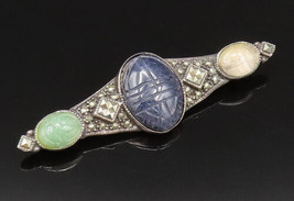 925 Silver - Vintage Carved Sodalite Jade &amp; Chalcedony Deco Brooch Pin -... - £62.13 GBP