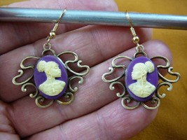 CAE1-9) Rare African American Lady Ivory + Purple Cameo Dangle Earrings Jewelry - £18.45 GBP