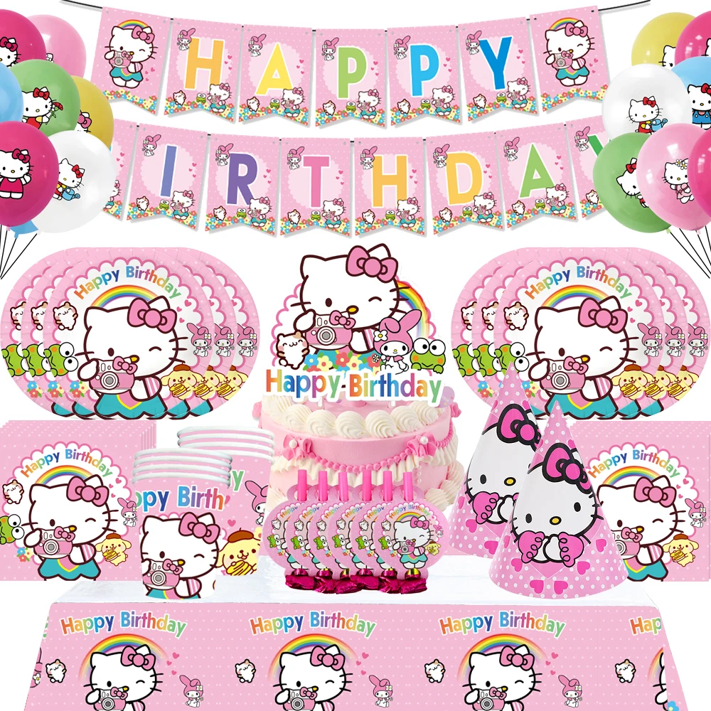 Hello Kitty Cartoon Disposable Tableware Cup Plate Napkin Birthday Par - £10.34 GBP+