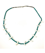 White Fetish Carved Birds Shell Beaded Turquoise Necklace 22"  - $116.99