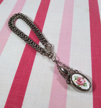 1950&#39;s Pink Guilloche Rose Perfume Decanter Charm on Flat Chain Bracelet - £76.03 GBP