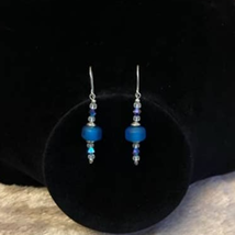 Vintage Silver, Blue Frosted Sea Glass, Iridescent Bicone Beaded Dangle Earrings - £9.57 GBP