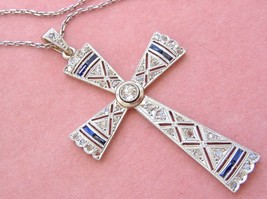 ANTIQUE ART DECO .53ctw DIAMOND SAPPHIRE CROSS PENDANT 16.25&quot;- 19” NECKL... - £1,361.74 GBP