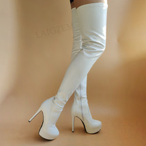 Women Thigh High Platform Boots Faux Leather White Heeled Boots Side Zip Female  - £155.79 GBP