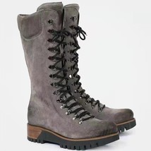 Pofulove Mid Calf Boots Women Western Punk Flat Shoes Plus Size 35-43 Grey Black - £59.17 GBP