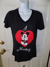Disney Store Mickey Mouse Heart Striped V-Neck SS T-Shirt Size M Women&#39;s - £13.42 GBP