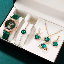 6PCS Set Green Luxury Quartz Watch Women Ring Necklace Earring Rhinestone  - £13.09 GBP