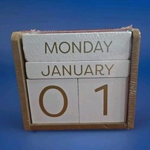 Perpetual Calendar Desktop Blocks Brown &amp; White Gift Any Year 4.5x4x2.25... - $8.59