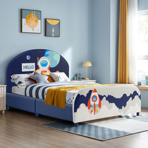 Kids Platform Bed Twin Upholstered Headboard Footboard Children Astronaut Space - £203.70 GBP