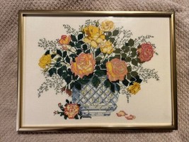 Vtg Pink Yellow Roses Bouquet Blue Vase Gold Framed Needlepoint 12.5&quot; x ... - $63.70