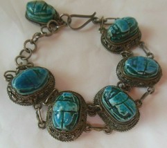 Vintage Blue Porcelain Scarab Bracelet Five Link Chain 6.25&quot; - Adjustable to 8&quot; - £97.77 GBP