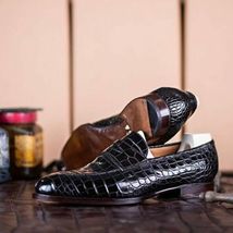 Handmade Men&#39;s Black Crocodile Embossed Calfskin Leather Moccasins Loafer Shoes - £102.84 GBP+