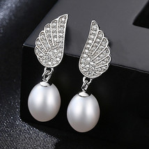 Wings Pearl Earrings S925 Silver Freshwater Pearl Angel Wings Earrings Pave - £25.57 GBP