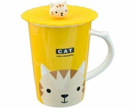 CAT Coffee Mug Tea Cup Ceramic And Decorative Lid Meow Pet Lover Gift 14 fl oz - £13.55 GBP