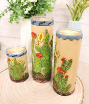 Southwestern Desert Cactus With Blooming Flowers Votive Candle Holders Set Of 3 - £31.96 GBP