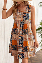 Orange Retro Floral Patchwork Print Sleeveless Mini Dress - $256.97 MXN