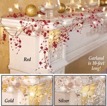 10-Ft Battery Powered LED Lighted Berry Beaded Christmas Garland Red Silver Gold - £15.97 GBP