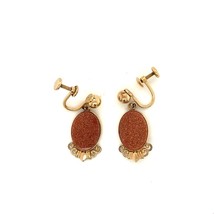 Vintage Sign 12k Gold Filled Van Dell Retro Oval Goldstone Drop Dangle Earrings - £31.01 GBP