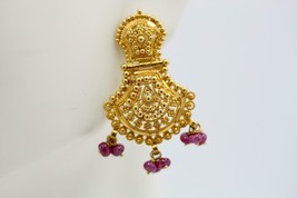 23K Yellow Gold Handmade Indian Filigree Ruby Cabochon Dangling Earrings 6.2 gr - £519.50 GBP