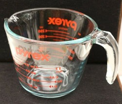 Vintage Pyrex Open Handle One Cup Liquid Measure Measuring Cup Clear Red Letters - £8.59 GBP