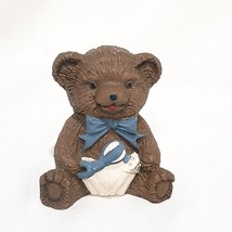 Baby Bear in Dipper with Rattle Blue Bow  Figurine 1982 Resin 2.5&quot; Brown - £7.69 GBP