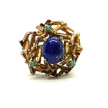 Vtg Signed Sterling Old Gold Plated Modern Abstract Lapis Lazuli Cocktail Ring 7 - £51.43 GBP