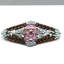 Vintage Ornate Brass Bar Brooch with Pastel Sheen in Purple and Blue - £24.18 GBP