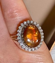 Fire Agate 14k Gold Diamond Halo Victorian Daisy  Style Vintage Ring - £1,308.18 GBP