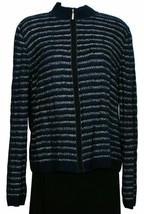 ST. JOHN Indigo Heather Blue White Boucle Stripe Knit Zip Front Cardigan XL - £199.83 GBP